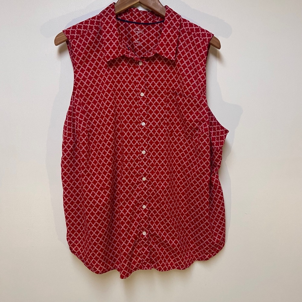 St. John's Bay Sleeveless Shirt Women 3X Red Geometric Print Cotton Button Down